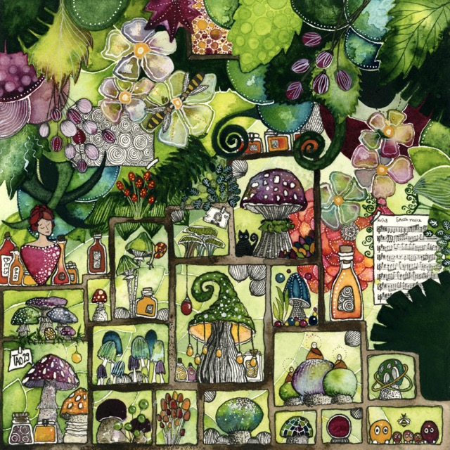 After the Rain — watercolour by Léna Ruisz: lush botanical garden opening onto shelves of mushrooms and creatures