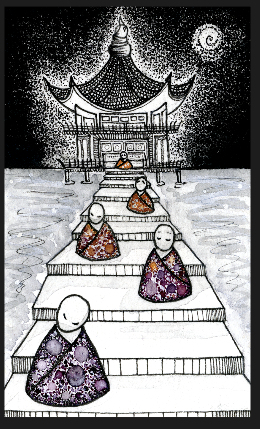 Before the Bell — watercolour by Léna Ruisz: monks in embroidered robes before a pagoda temple