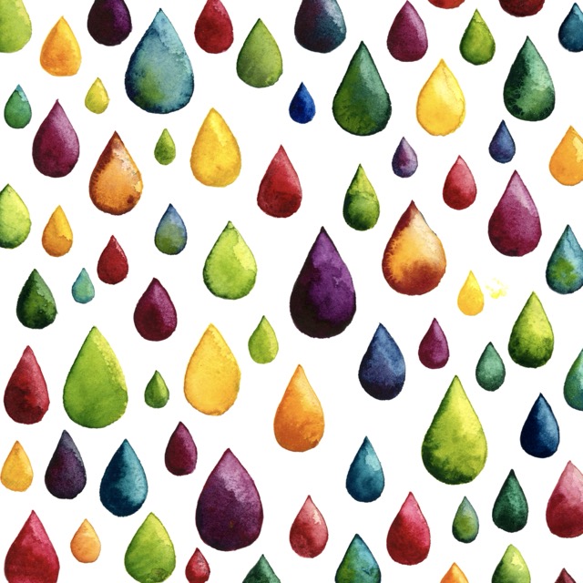 Flow — watercolour by Léna Ruisz: joyful coloured watercolour drops in every hue on white paper