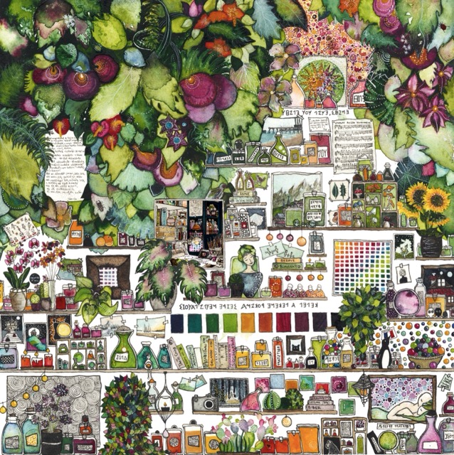 Green Cabinet — annual visual diary watercolour by Léna Ruisz: encyclopedic botanical overflow, colour swatches, bottles