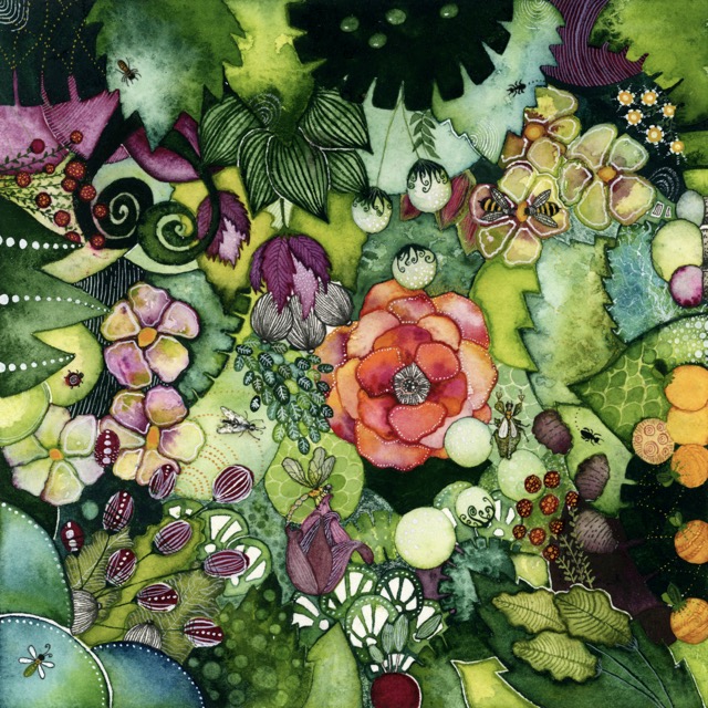 Green Lush — dense botanical watercolour by Léna Ruisz: a garden world of flowers, insects and leaves