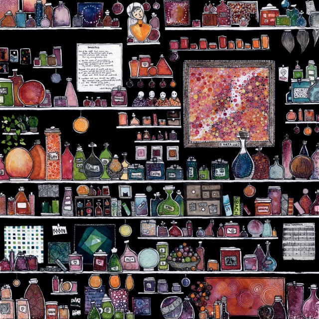 Invictus — dense cabinet watercolour by Léna Ruisz: shelves of bottles and embedded paintings on deep black ground