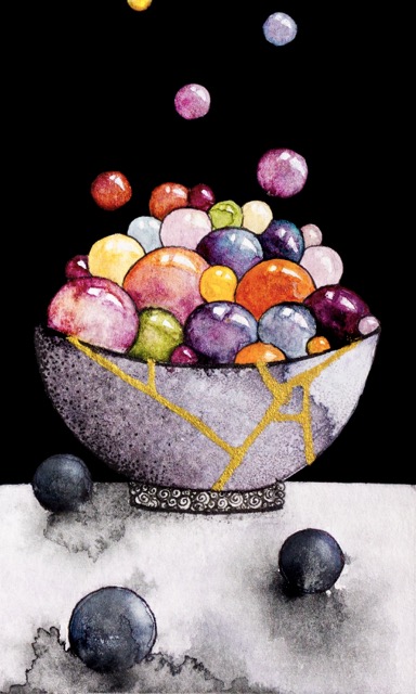 Kintsugi — watercolour by Léna Ruisz: gold-cracked bowl overflowing with luminous coloured spheres against black