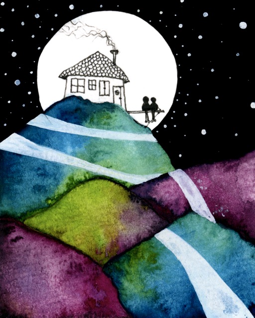 Our Life Pictured — two silhouettes on a moonlit hillside beside a house under a full moon, by Léna Ruisz