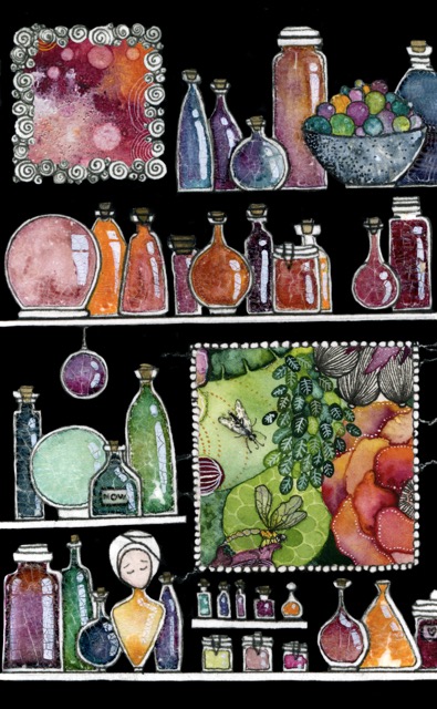 Sorcerer's Cabinet — watercolour by Léna Ruisz: dark shelves of glowing bottles and potions