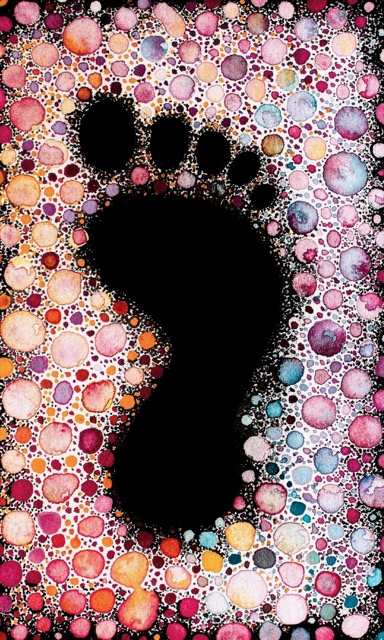 Spoor — watercolour by Léna Ruisz: a black footprint in a dense field of coloured pigment dots