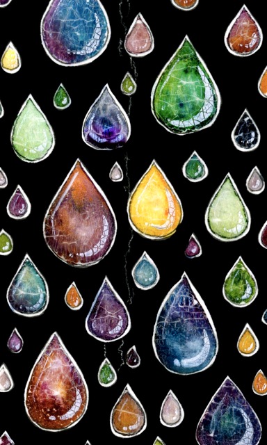 Still Falling — watercolour by Léna Ruisz: jewelled coloured drops falling through black, each one a universe